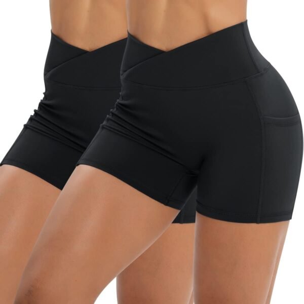 Workout Shorts for Women 2 Pcs Pack Cross Waist Active Gym Spandex Stretchy Yoga Compression with Side Pockets
