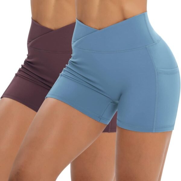 Workout Shorts for Women 2 Pcs Pack Cross Waist Active Gym Spandex Stretchy Yoga Compression with Side Pockets