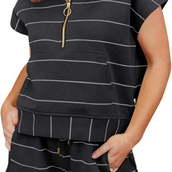 Women Summer 2 Piece Outfits Striped Short Sleeve Zipper Shirts Casual Shorts Loose Lounge Short Sets