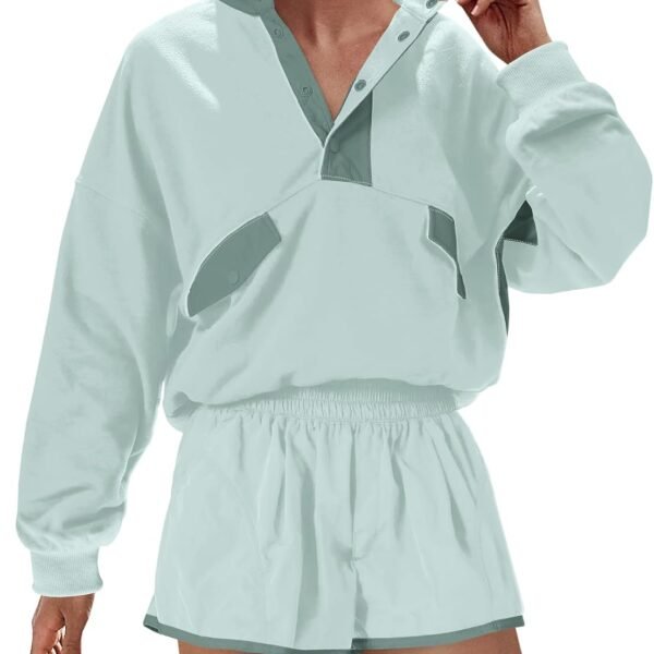 Work out Sets Gym for Women Sweatsuits 2 Piece Set Long Sleeve Top & Shorts Active Wear Sets with Pockets