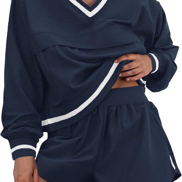 Womens 2 Piece Outfits Long Sleeve V Neck Sweatshirt High Waist Running Shorts Sets Loose Fall Workout Tracksuits