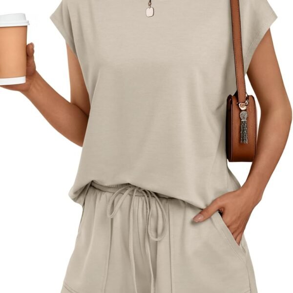 Womens Crew Neck Two Piece Short Sets Cap Sleeve Drawstring Summer Sweatsuit with Pocket