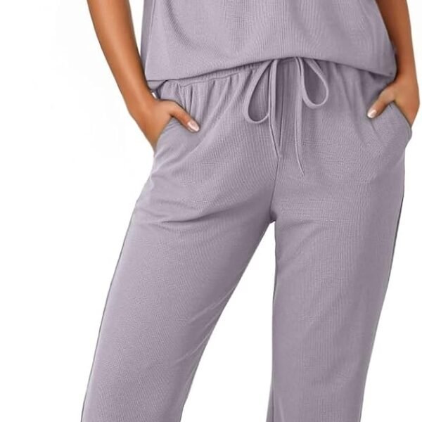 2 Piece Sets for Women Summer Lapel V Neck Short Sleeve Tops Long Pants Tracksuit Lounge Jogger Set with Pockets
