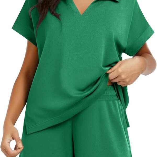 2 Piece Sets for Women Summer Lounge Sets Short Sleeve Sweatsuit V-neck Tops and Drawstring Shorts Outfits Tracksuit