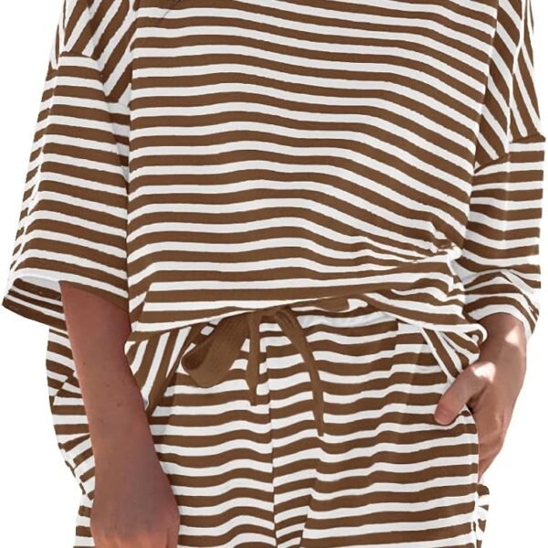 Womens Striped Short Sets 2 Piece Outfits Sweatsuits 3/4 Sleeve Pajamas Casual Lounge Sets