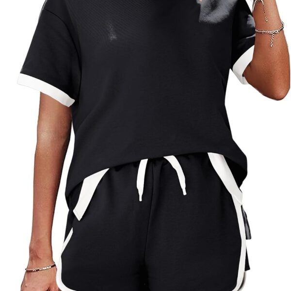 Shorts Sets Women 2 Piece Outfits Casual Short Sleeve Crewneck Tops and Drawstring Shorts Color Block Sets
