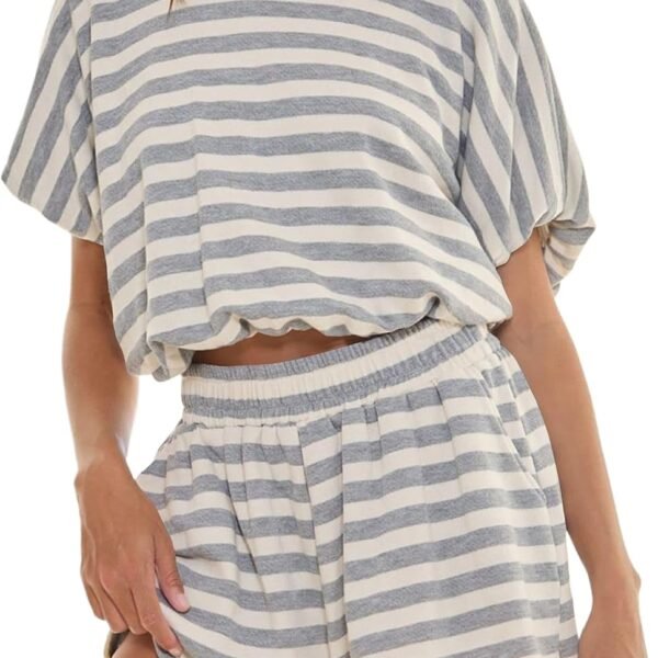 2 Piece Sets Women Striped Tee Shirt Shorts Set Short Sleeve Loose Fit Shirt Elastic Waist Shorts Lounge Outfits Set