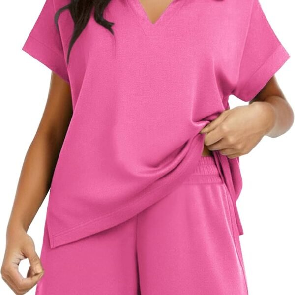 2 Piece Sets for Women Summer Lounge Sets Short Sleeve Sweatsuit V-neck Tops and Drawstring Shorts Outfits Tracksuit