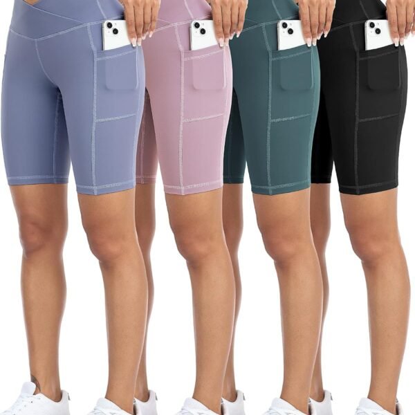 4 Pack Biker Yoga Shorts with Pockets for Women,High Waisted Athletic Running Workout Gym Shorts Tummy Control